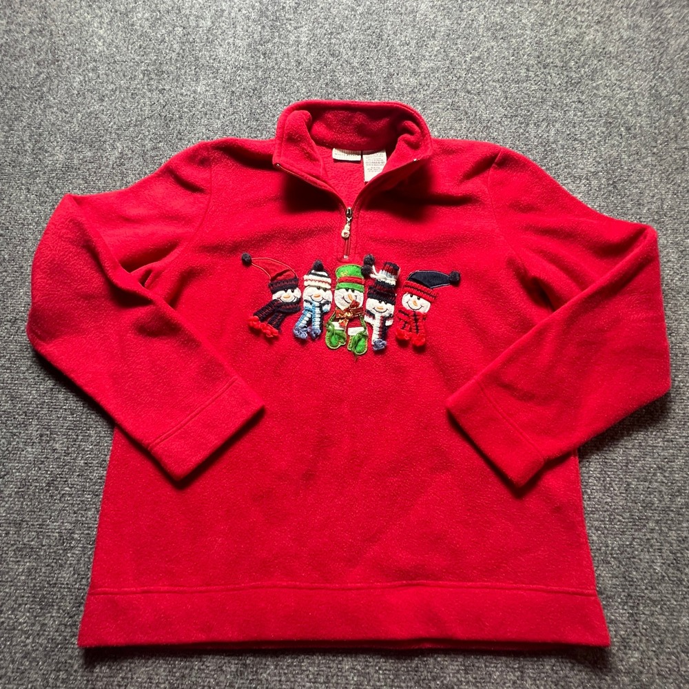 Red Fleece Quarter Zip Snowman Holiday Winter Ski Pullover Medium White Stag